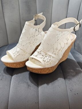 Fergalicious White Lace Cork Wedge Sandals